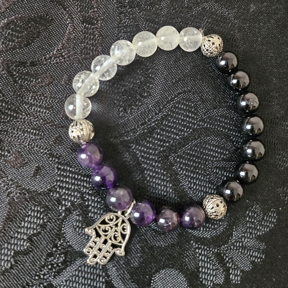 Protection Bracelet Clear Quartz, Amethyst & Obsidian with Hamsa Charm